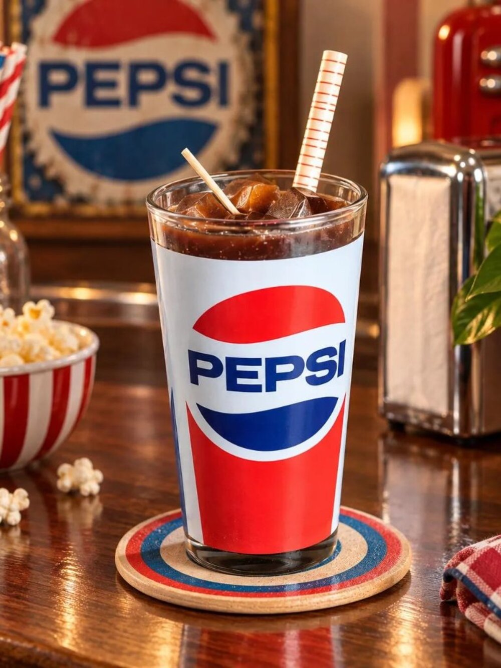 Vintage 1970s Pepsi Cola Candle with Straw & Simulated Ice | Original Novelty Ad